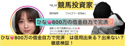 競馬,ひな,800万の借金自力で完済,稼ぐ,稼げる,稼げない,口コミ,投資,競馬予想サイト,インフルエンサー,競馬投資家,競馬投資