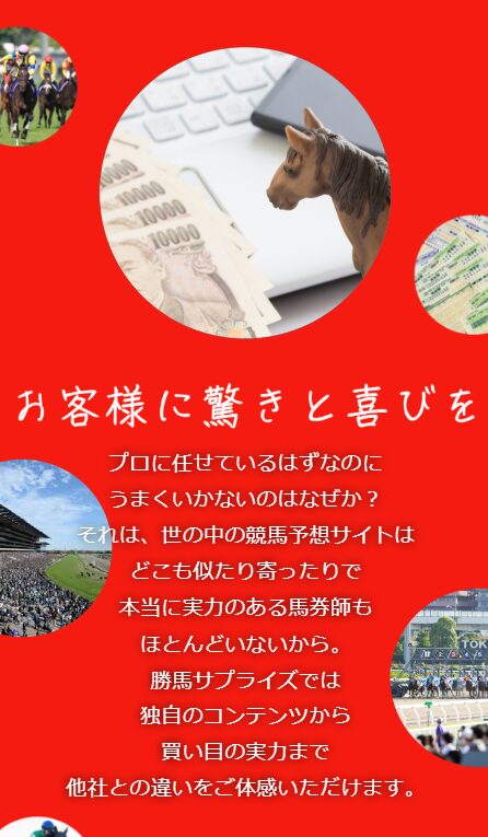 勝馬サプライズ,,,競馬,競馬予想,競馬予想サイト,競馬投資,競馬投資家,詐欺,口コミ,当たる,当たらない,稼げる,稼げない,検証,